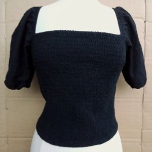 Abercrombie & Fitch Top Blouse Off Shoulder Cropped Ruched Puff Sleeve Black L